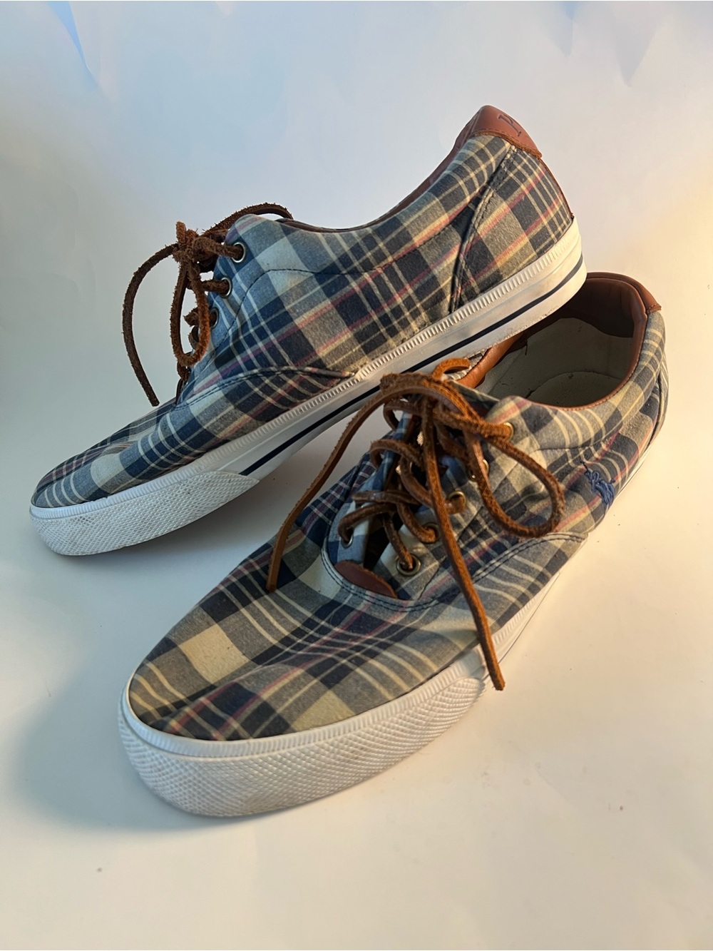 Polo Ralph Lauren Plaid Canvas Low-Top Sneakers in Blue and Brown Size 13